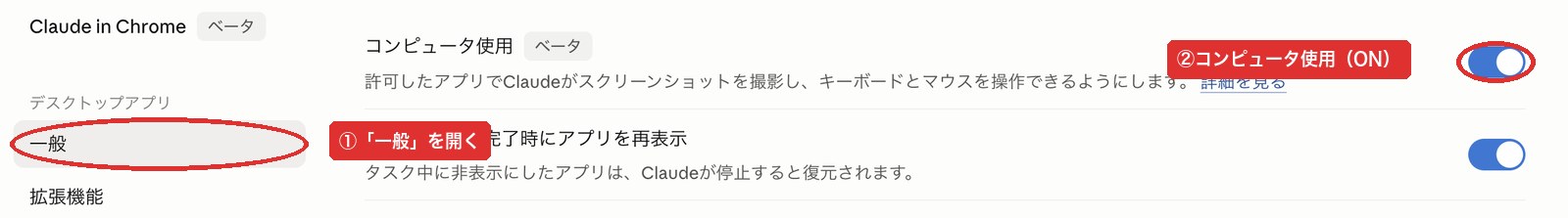 設定 → 一般タブでコンピュータ使用がONになっている画面