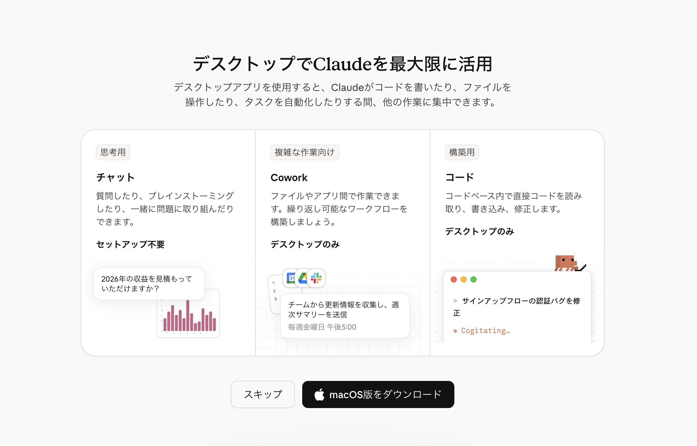Claudeの3モード説明カード（チャット/Cowork/コード）