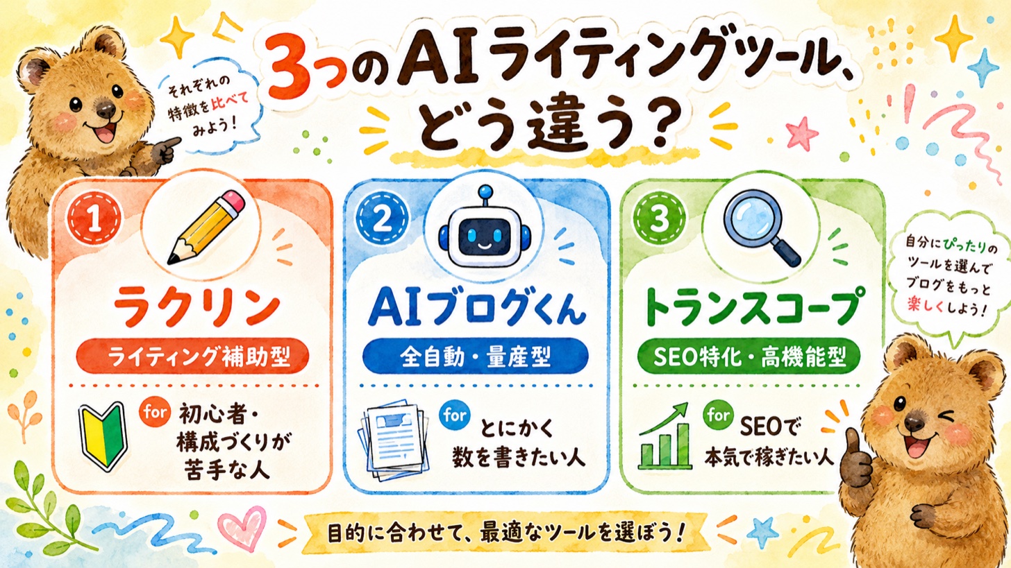 ラクリン・AIブログくん・トランスコープの違いを比較した図(ライティング補助型・全自動量産型・SEO特化型)