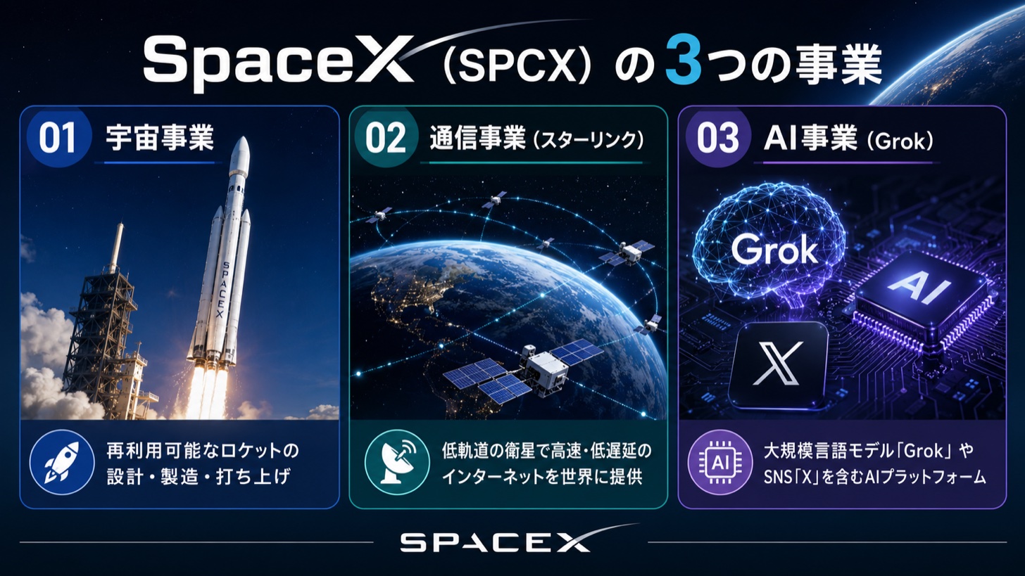 SpaceX(SPCX)の3つの事業|宇宙事業=再利用ロケットの設計製造打ち上げ、通信事業=スターリンク衛星で高速低遅延の通信、AI事業=GrokとXを含むAIプラットフォーム