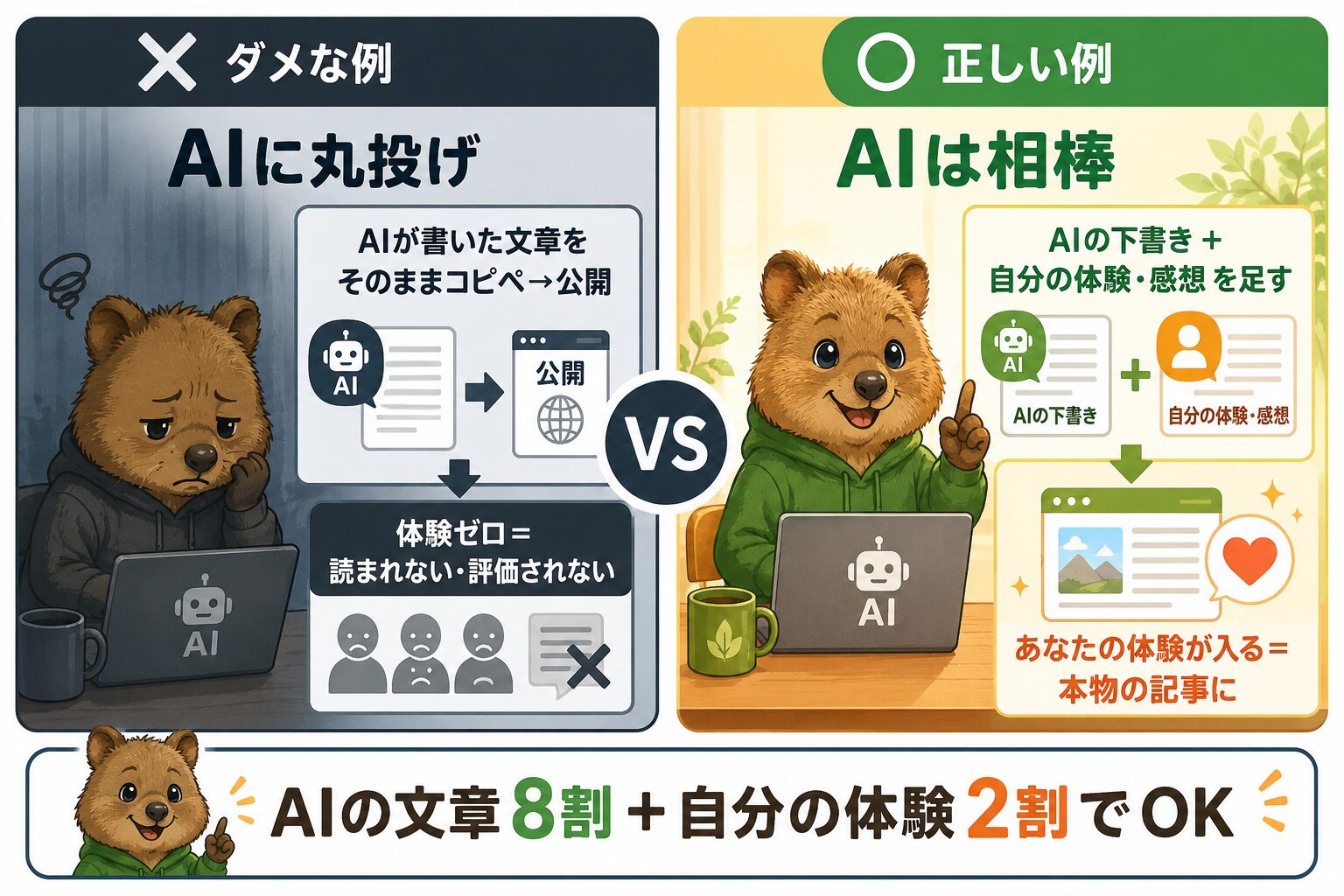 AIに丸投げ vs AIは相棒 — 正しい使い方の対比図