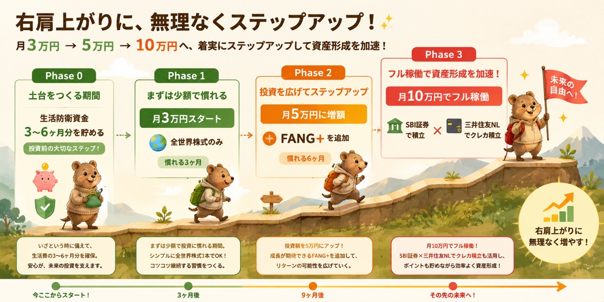 月3万円から始めて月5万円、月10万円へと段階的に増額するロードマップ図解