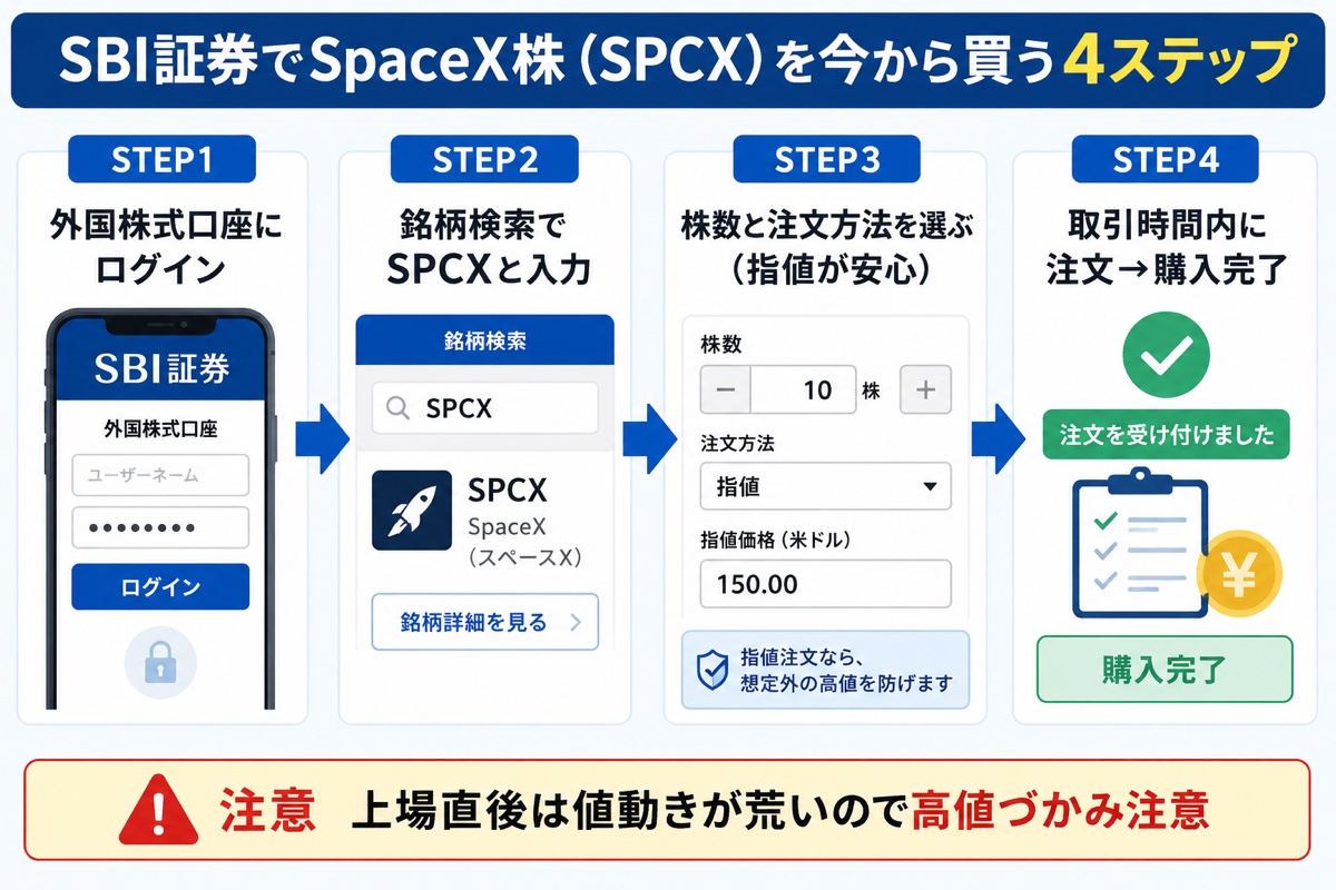 ▲ SBI証券でSpaceX株（SPCX）を買う4ステップ