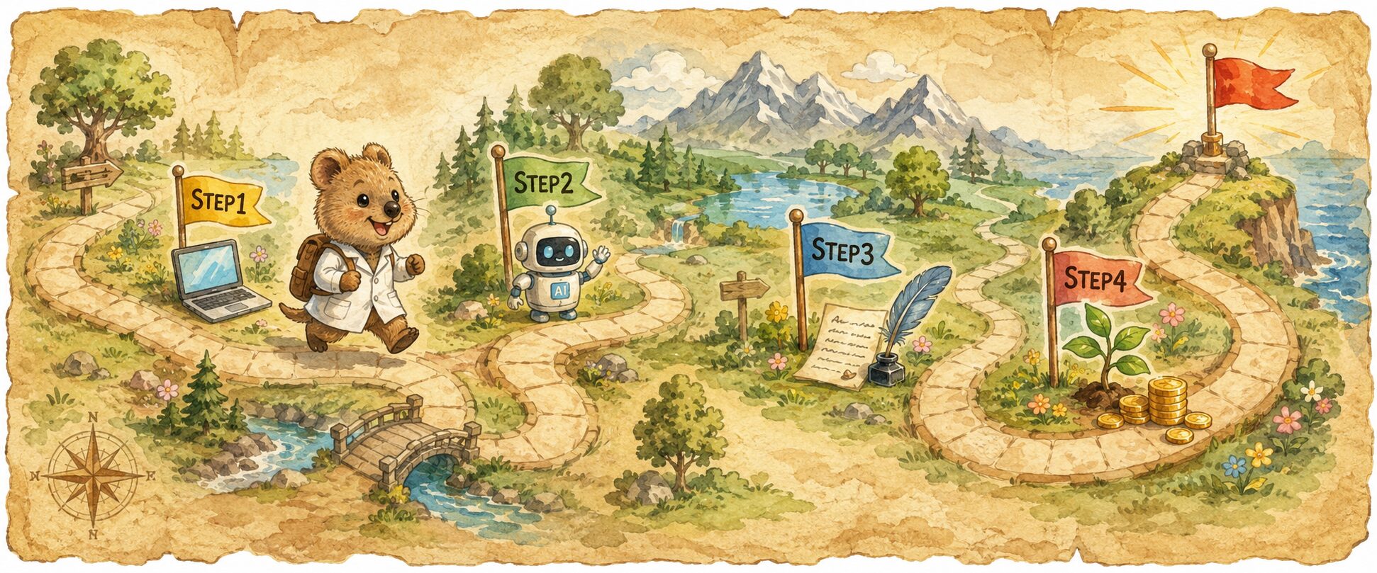 AI×副業の始め方ロードマップの全体地図。STEP1ブログ開設、STEP2 AI導入、STEP3執筆、STEP4資産化の道をクオッカが歩いていく