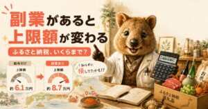 副業があるとふるさと納税の上限額が変わる。給与だけ約6.1万円から副業ありで約8.7万円になることを示すメーター