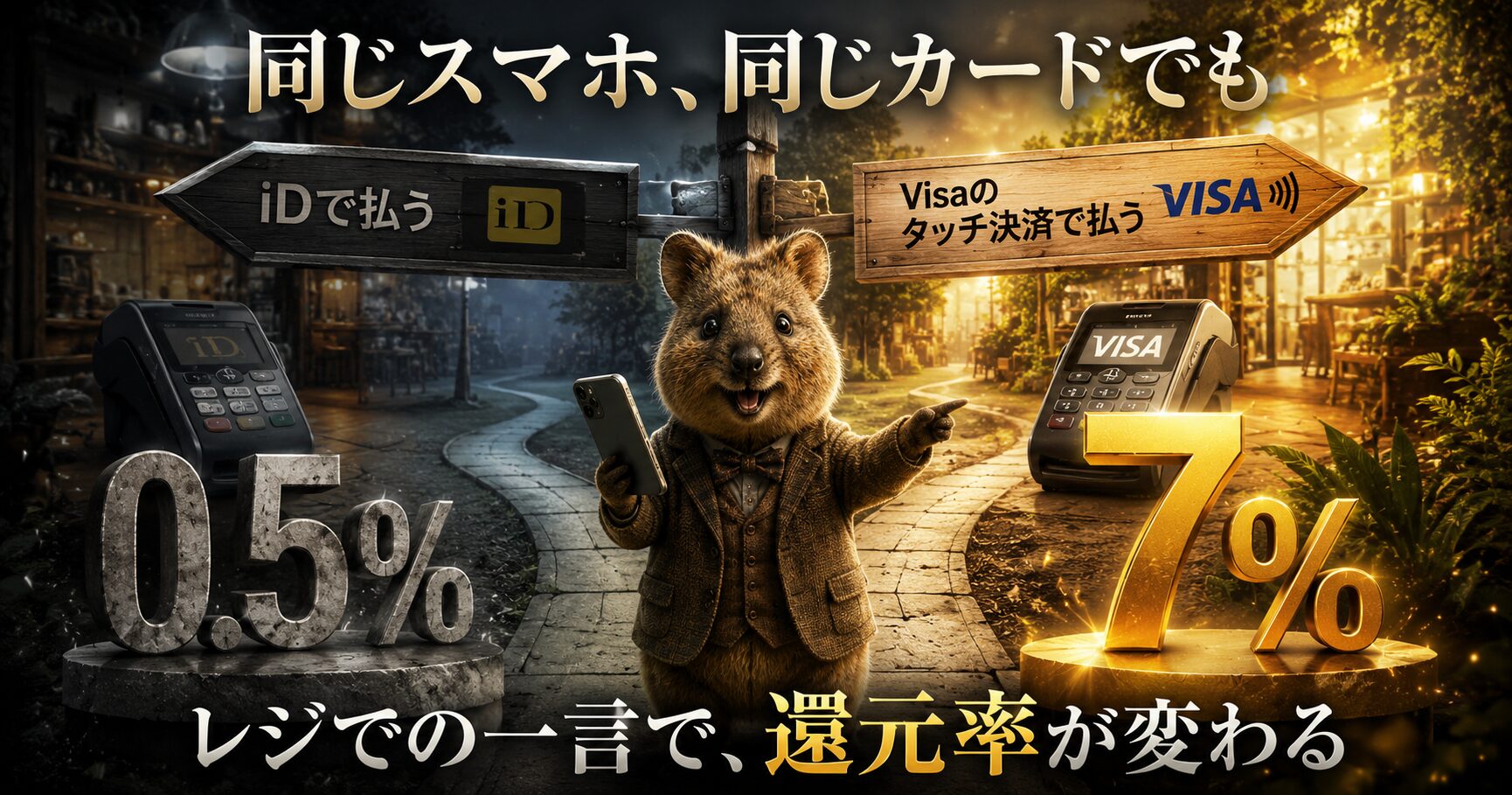 同じスマホ・同じカードでも、iDで払うと0.5%、Visaのタッチ決済で払うと7%になることを示す図解