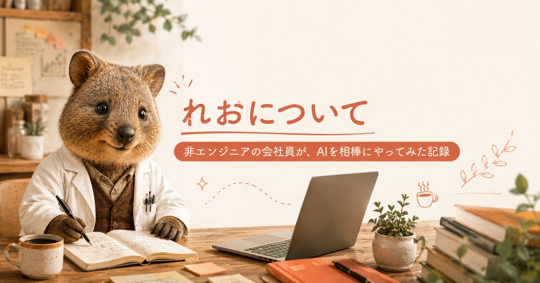 レオラボ運営者れおのプロフィール。白衣を着たクオッカがノートとノートPCで作業しているイラスト