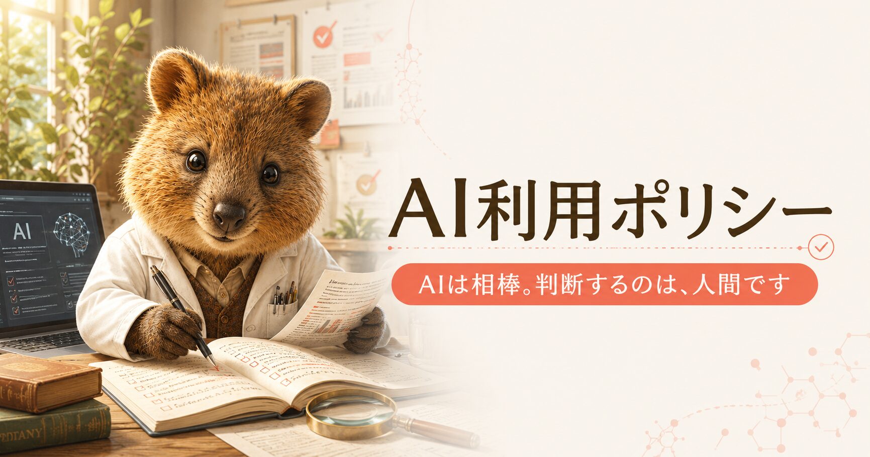 AI利用ポリシー。白衣のクオッカが赤ペンで資料を確認し、AIの画面と紙の資料を照らし合わせているイラスト