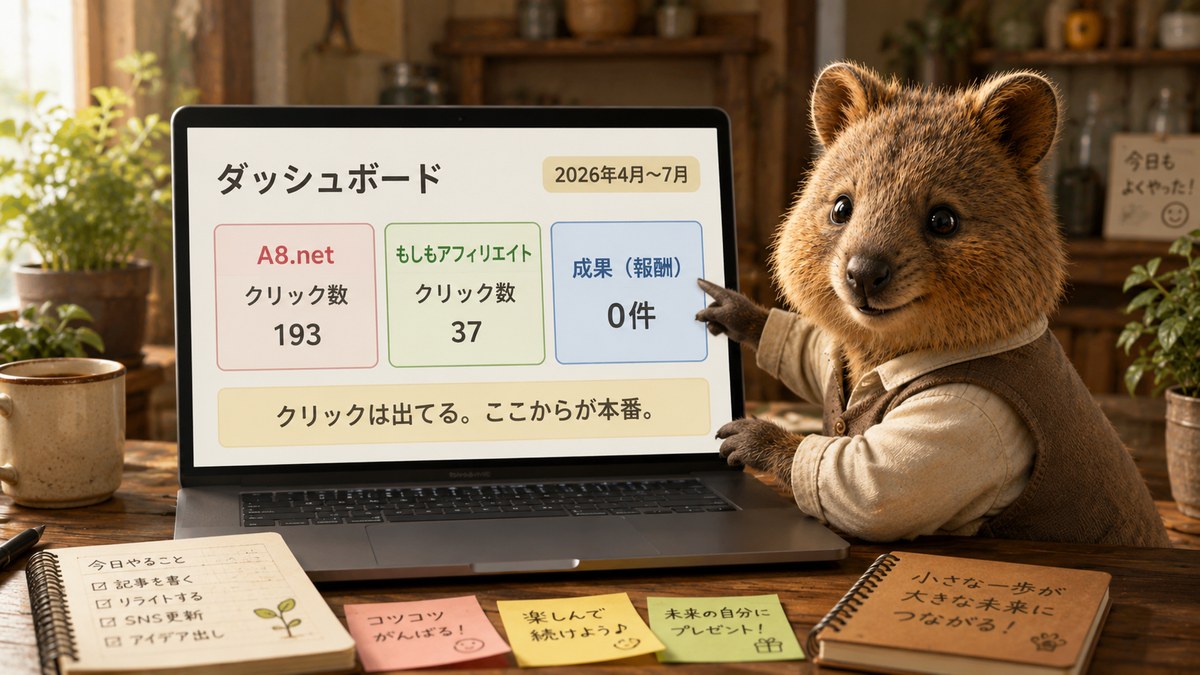アフィリエイト実測ログ:A8.netクリック193回、もしもクリック37回、成果0件(2026年4月~7月)