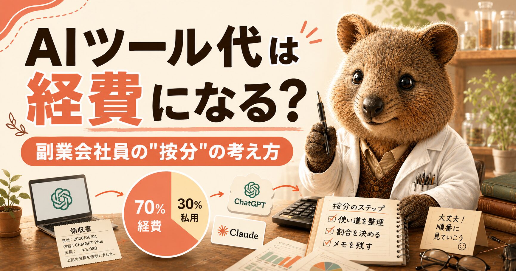 AIツール代は経費になる?副業会社員の按分の考え方。白衣のクオッカと、70%経費・30%私用の円グラフ