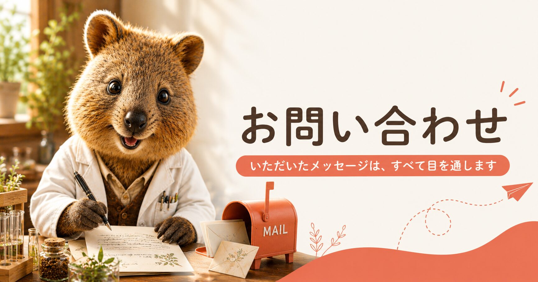 お問い合わせページ。白衣のクオッカが手紙を書き、赤い郵便受けと封筒が並んでいるイラスト