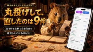 確定申告アプリ タックスナップの丸投げ仕分けを実際に試した記録。258件を自動仕分けし、直したのは9件だった