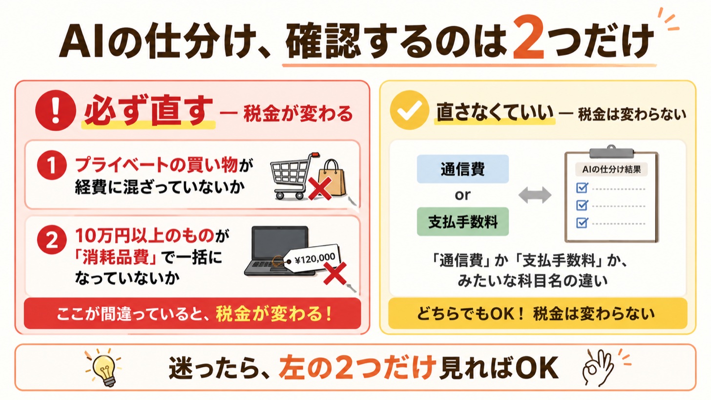 AIの仕分けで必ず直すべき2つ(プライベートの混入・10万円以上の一括計上)と、直さなくていい科目名の違いを比較した図