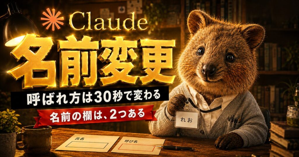 グレーのカーディガンを着たクオッカが「れお」と書かれた社員証を見せている。机には「氏名」と「呼び名」の2つの記入欄がある
