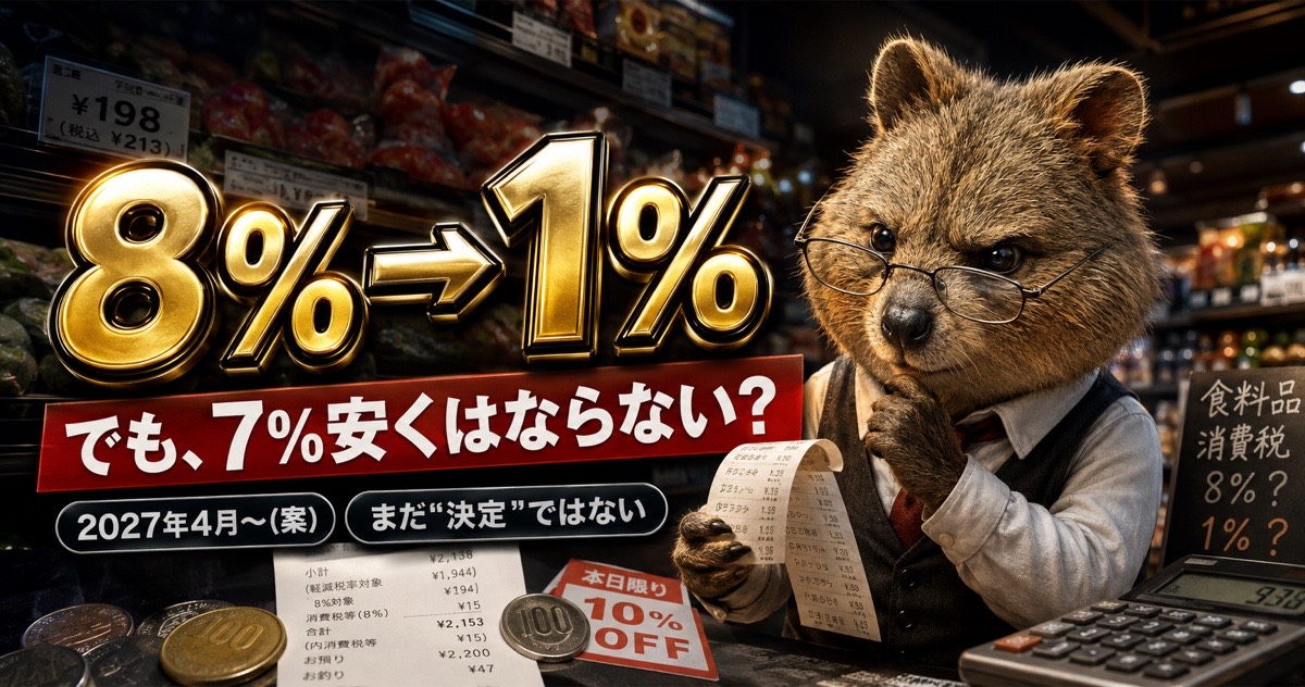 食料品の消費税が8%から1%になるが7%安くはならないことを検算するクオッカ