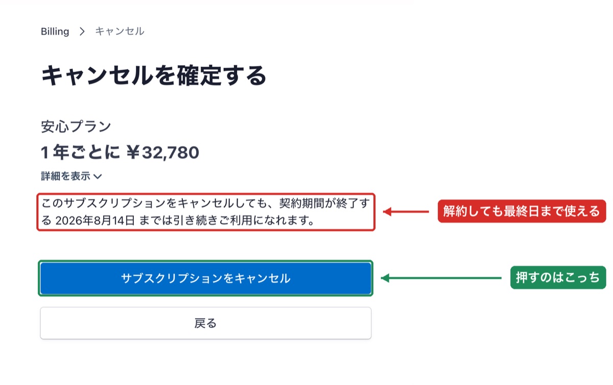 解約してもトライアル最終日の2026年8月14日までは引き続き利用できると書かれたキャンセル確定画面