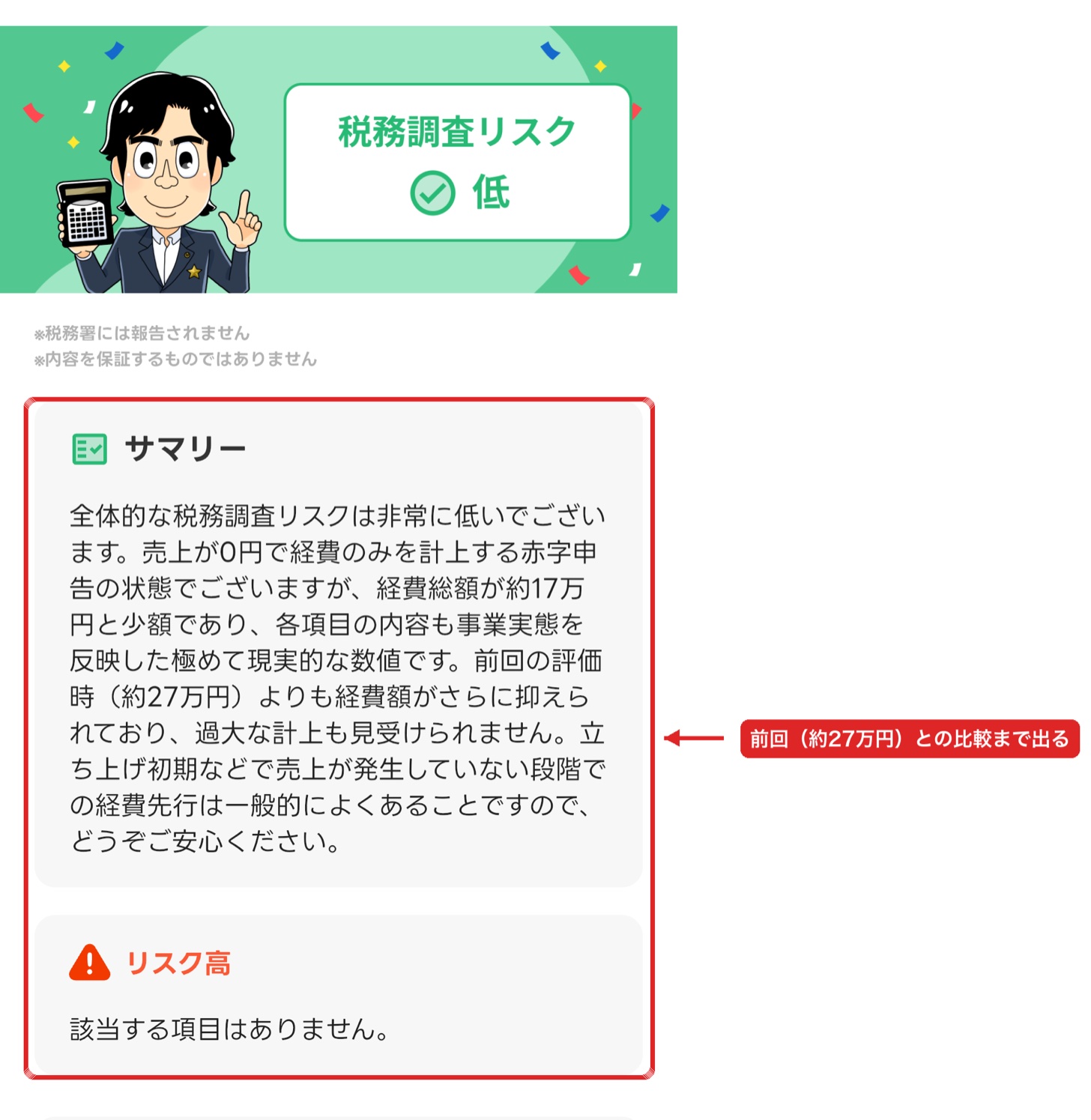 修正後のサマリー。経費総額が約17万円になり、前回の評価時27万円との比較が書かれている