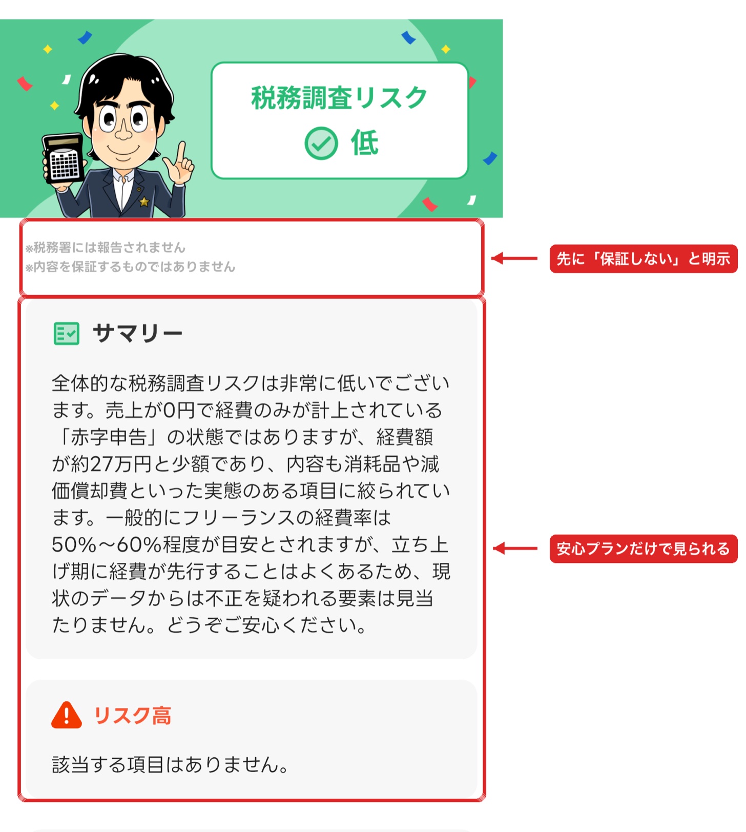 タックスナップの税務調査リスクチェック。リスク低の判定とサマリー、保証しない旨の注記